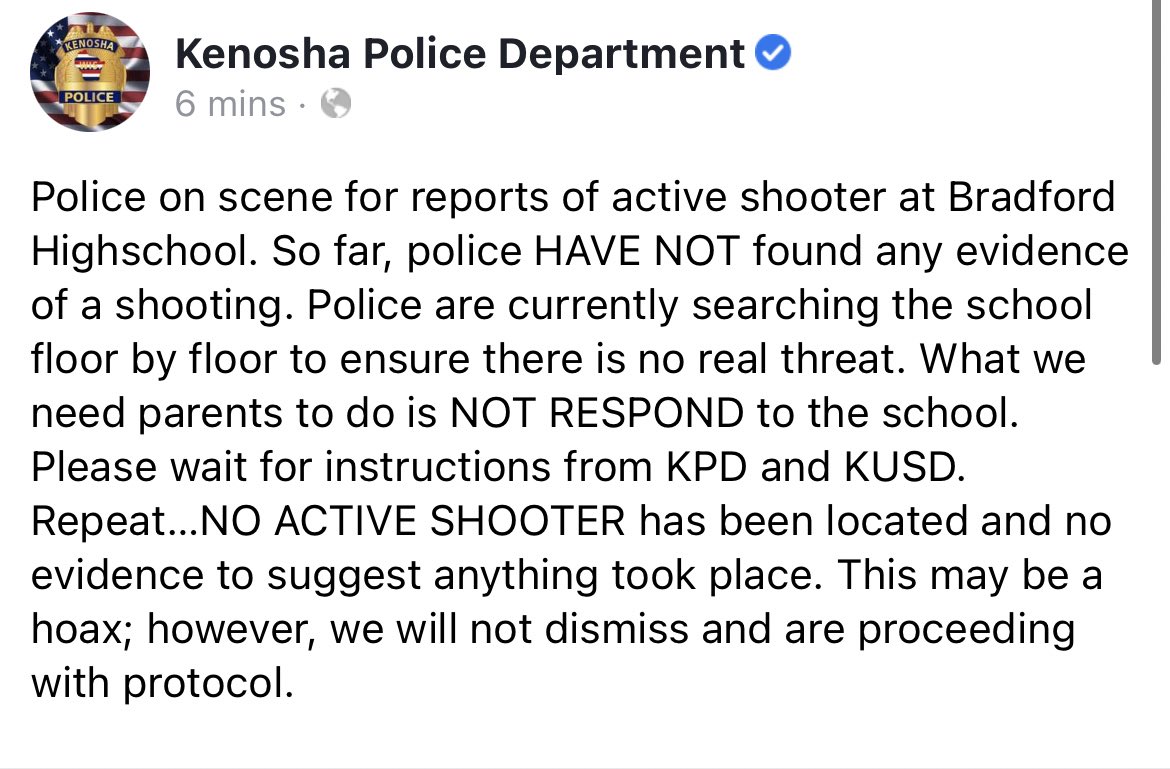 Police are on scene for report of active shooter at Bradford High School in Kenosha. PD just posted they have NOT found evidence of a shooting.